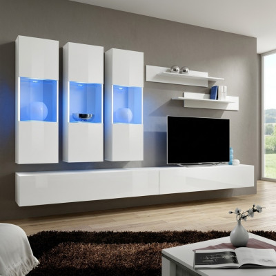 Wohnzimmer RTV Hänge Vitrine Wohnwand Holz Design Weiß Modern Neu Set 7tlg.