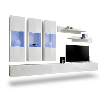 Wohnzimmer RTV Hänge Vitrine Wohnwand Holz Design Weiß Modern Neu Set 7tlg.