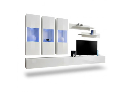 Wohnzimmer RTV Hänge Vitrine Wohnwand Holz Design Weiß Modern Neu Set 7tlg.