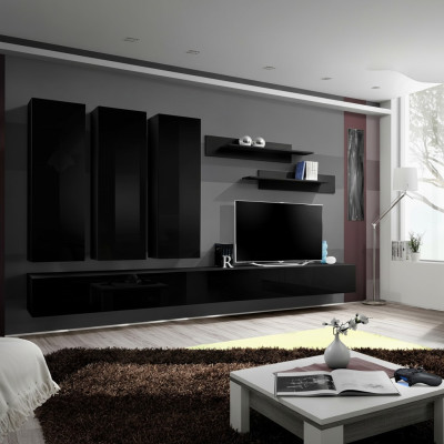 Komplett Set 7 tlg Schwarz Wohnwand Wandschrank Holzmöbel Luxus Möbel Neu