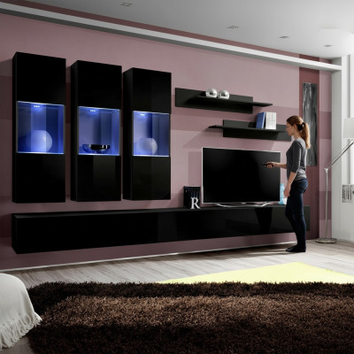 Set 7 tlg Wohnwand Holzmöbel 2x TV Ständer Moderne Wand Regale Schwarz