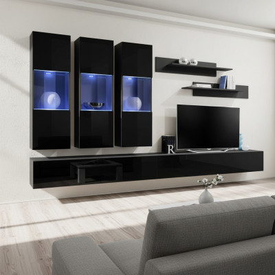 Set 7 tlg Wohnwand Holzmöbel 2x TV Ständer Moderne Wand Regale Schwarz