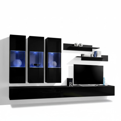 Set 7 tlg Wohnwand Holzmöbel 2x TV Ständer Moderne Wand Regale Schwarz