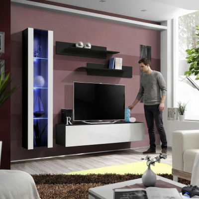 Designer Wohnwand Set 4tlg Schwarz Wohnzimmermöbel Hänge Vitrine Einrichtung