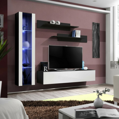 Designer Wohnwand Set 4tlg Schwarz Wohnzimmermöbel Hänge Vitrine Einrichtung