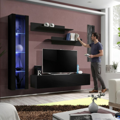 Wohnzimmermöbel Schwarz Komplett Set Wohnwand Designer Hänge Vitrine Möbel