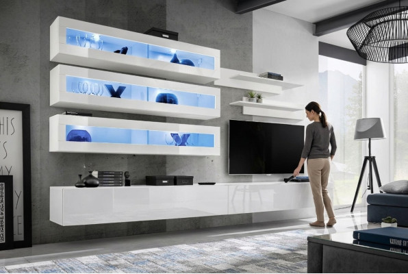 Garnitur 7tlg.Wohnzimmer Set Designer Stil Wohnwand TV-Ständer 2x Wand Regale