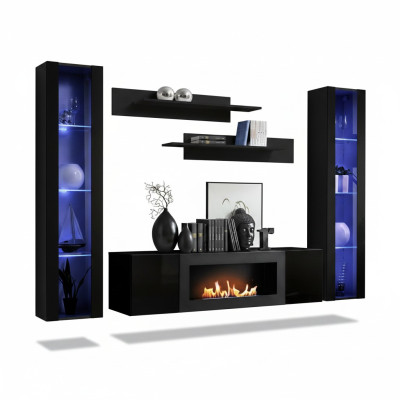 Komplett Set 5tlg Luxus Wohnwand Schwarz Designer Hänge Vitrine Holz Möbel
