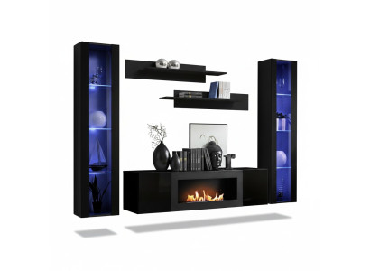 Komplett Set 5tlg Luxus Wohnwand Schwarz Designer Hänge Vitrine Holz Möbel