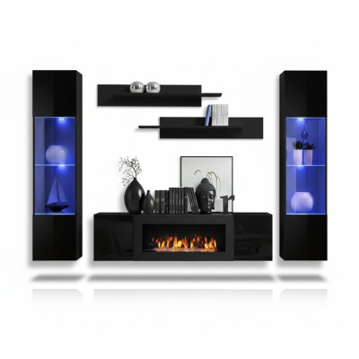 Designer Schwarz Wohnwand Holzmöbel Hänge Vitrine Luxus Sideboard Wand Regale