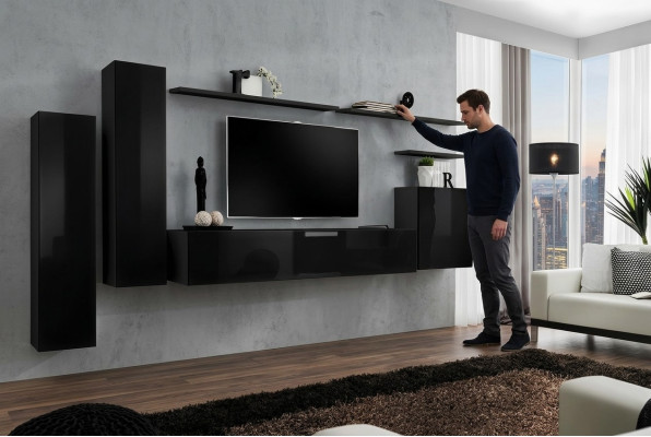 Komplette Set 7tlg Schwarz Wohnwand TV Ständer Wohnzimmer Designer Wandschrank