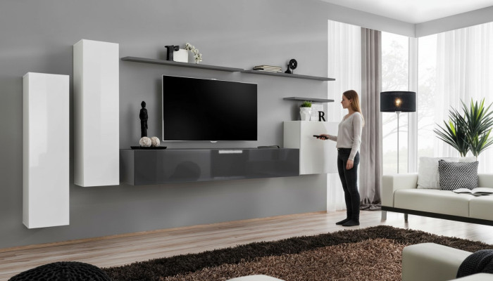 Set 7 tlg Wohnzimmer TV-Ständer Schrank Wandschrank Wohnwände Holz Modern Möbel