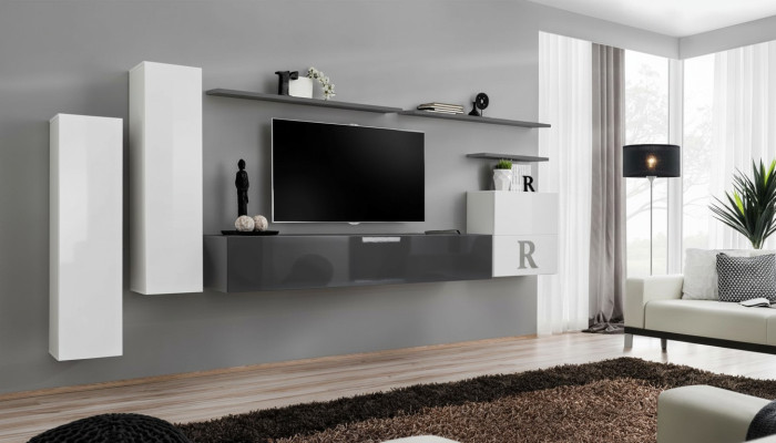 Set 7 tlg Wohnzimmer TV-Ständer Schrank Wandschrank Wohnwände Holz Modern Möbel