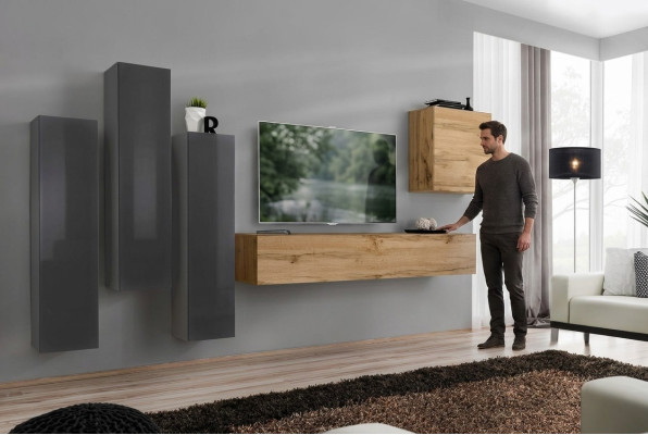 Modern Wohnwände Set 5tlg Wohnzimmer Grau Holz Möbel Schrank TV-Ständer Neu