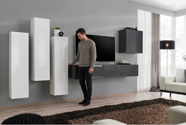 Garnitur Wohnwand Komplett Wohnzimmer Grau Sideboard TV-Ständer Wandschrank