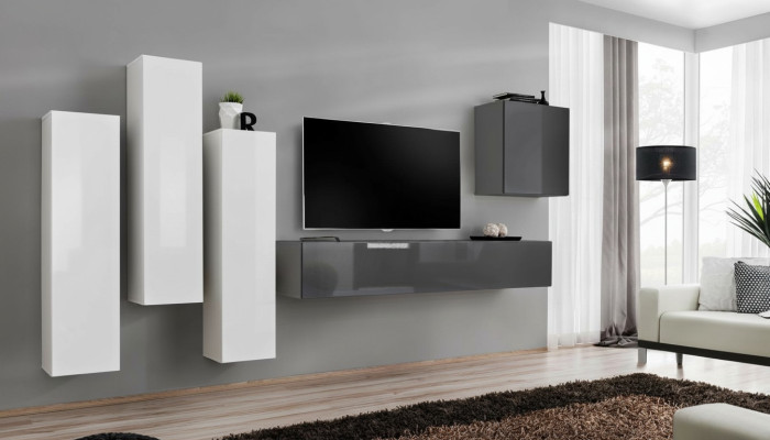 Garnitur Wohnwand Komplett Wohnzimmer Grau Sideboard TV-Ständer Wandschrank