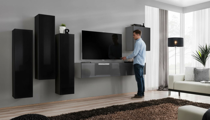 Grau TV Ständer Sideboard Luxus Wohnwand Wohnzimmer Einrichtung Modern Komplett