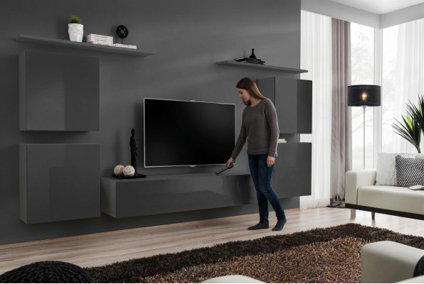 Grau Wand Wohnwand Wohnzimmer Möbel luxus TV Ständer Wandregal Schrank Regal Neu