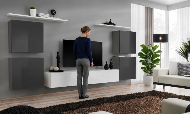 Wohnzimmer Weiß Wohnwand Set Wandregal TV-Ständer Holzmöbel 2x Vitrine Wohnwand