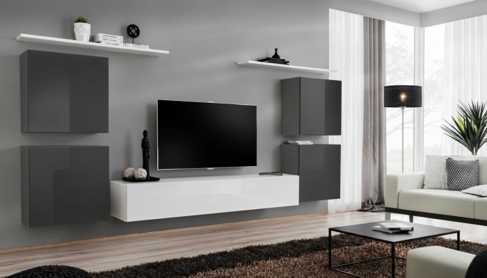 Wohnzimmer Weiß Wohnwand Set Wandregal TV-Ständer Holzmöbel 2x Vitrine Wohnwand