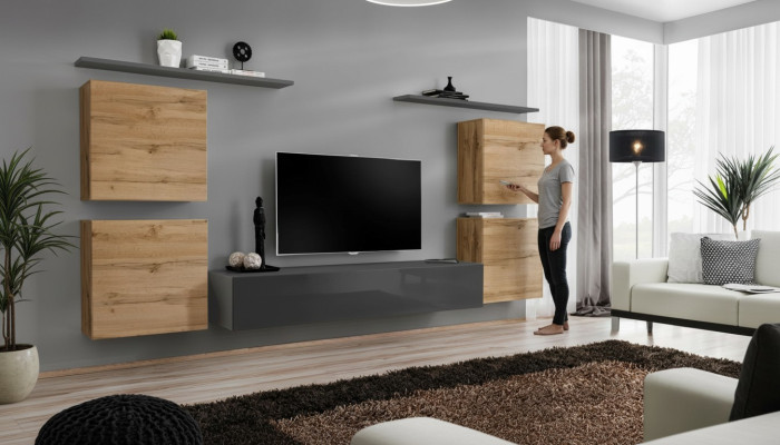 Holzmöbel Wohnwand Wohnzimmer Grau Wandregal Luxus Einrichtung Neu