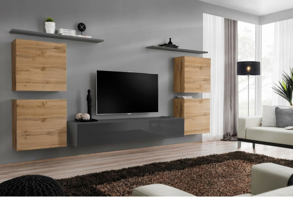 Holzmöbel Wohnwand Wohnzimmer Grau Wandregal Luxus Einrichtung Neu