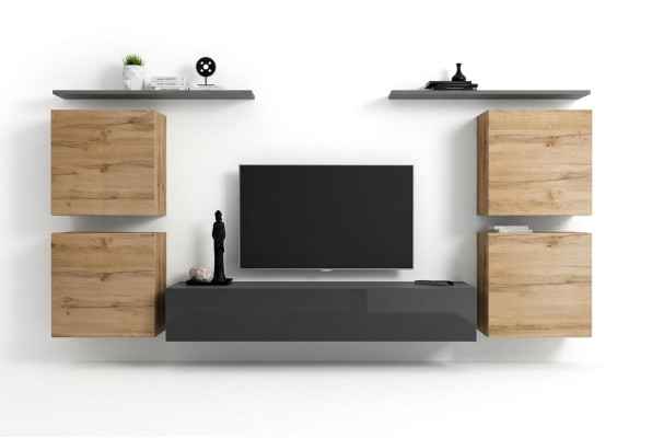 Holzmöbel Wohnwand Wohnzimmer Grau Wandregal Luxus Einrichtung Neu