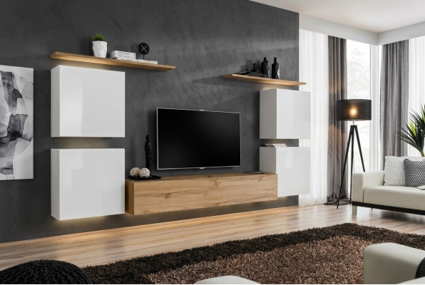 Garnitur Set 7tlg Luxus Neu Wohnwand Braun TV Ständer Wandschrank Holz
