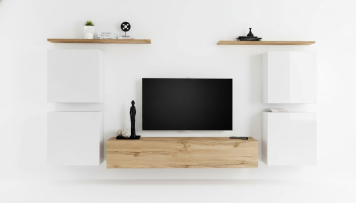 Garnitur Set 7tlg Luxus Neu Wohnwand Braun TV Ständer Wandschrank Holz