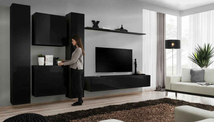 Schwarz Wohnwand TV Ständer Luxus Wohnzimmer Möbel Komplette Set 6 tlg Moderne