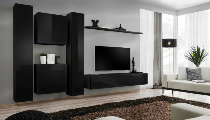 Schwarz Wohnwand TV Ständer Luxus Wohnzimmer Möbel Komplette Set 6 tlg Moderne