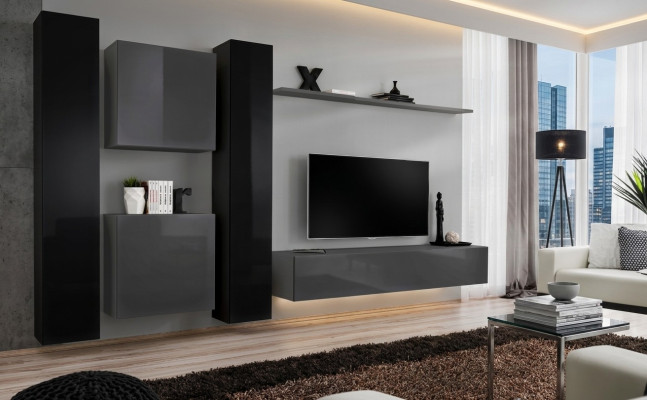 Designer Wohnwand Grau Wohnzimmermöbel 4x Wandschrank Wand Regal Komplett