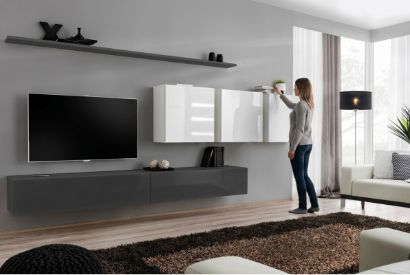 Holzmöbel Wohnwand Grau Designer TV-Ständer Hochglanz Sideboard Wandschrank