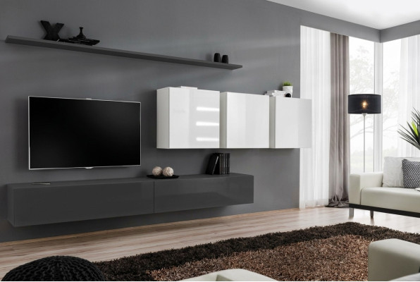 Holzmöbel Wohnwand Grau Designer TV-Ständer Hochglanz Sideboard Wandschrank