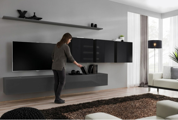 Wohnwand Grau Komplett 7tlg Designer Holzmöbel Sideboard Wandschrank Wand Regal