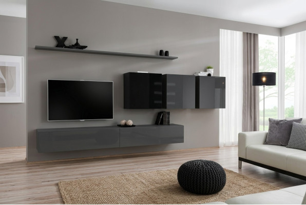 Wohnwand Grau Komplett 7tlg Designer Holzmöbel Sideboard Wandschrank Wand Regal