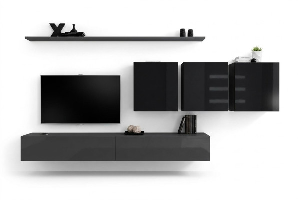 Wohnwand Grau Komplett 7tlg Designer Holzmöbel Sideboard Wandschrank Wand Regal