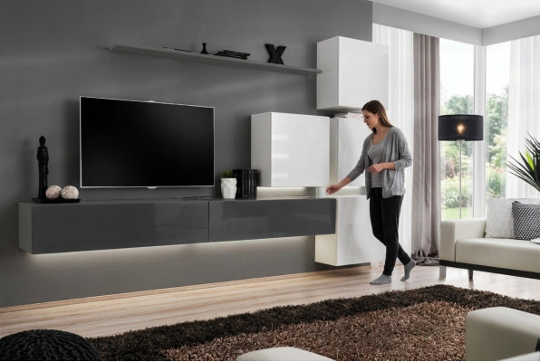 Grau Wandregal TV Ständer Luxus Komplett Stil Modern Wohnzimmer Neu Einrichtung