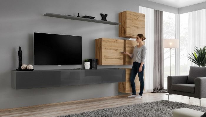 Grau TV Ständer Wandregal Luxus Wohnwand Einrichtung Modern Komplett Sideboard