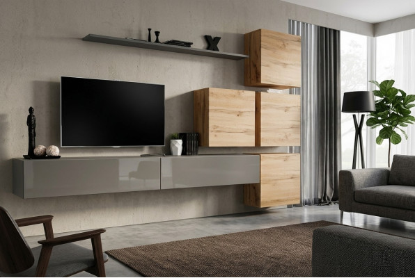 Grau TV Ständer Wandregal Luxus Wohnwand Einrichtung Modern Komplett Sideboard