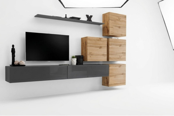 Grau TV Ständer Wandregal Luxus Wohnwand Einrichtung Modern Komplett Sideboard