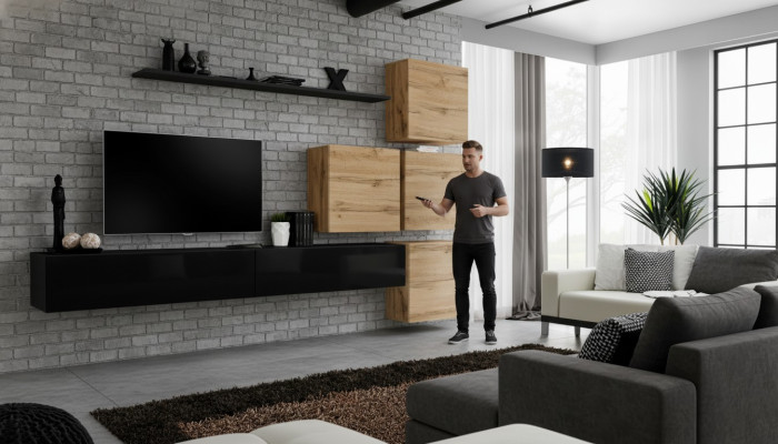 Set 7tlg. Wohnwand Wohnzimmer TV-Ständer Holz Luxus Garnitur Gruppe Wandschrank