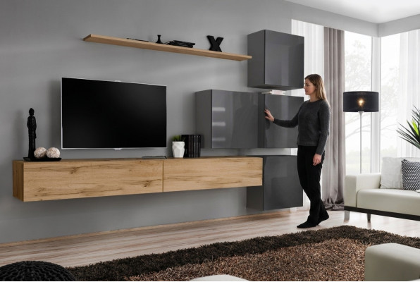 Luxus Holz Garnitur TV-Ständer Holz Wohnzimmer Wohnwand Wand Regal Design
