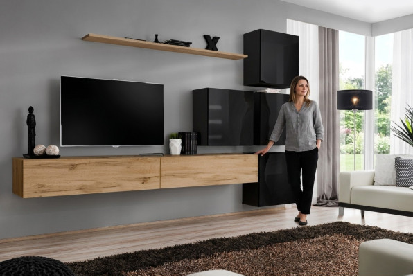Holzmöbel Wohnwand TV-Ständer Wand Regal Komplett Luxus Garnitur Set