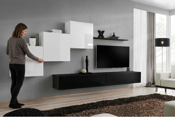 Wohnwand Schwarz Komplett TV-Ständer Wandregal Luxus Wandschrank Design