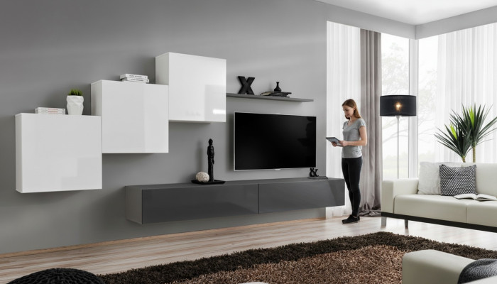 Designer Wohnwand Grau TV Ständer Moderne Sideboard Wandregal TV Ständer Neu