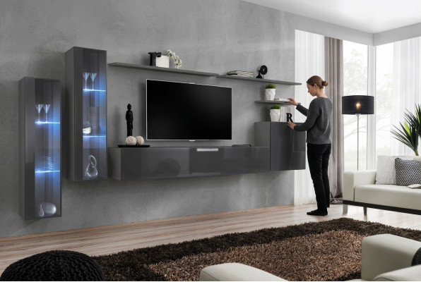 Grau Wohnwand Wohnzimmer Wandregal TV-Ständer Luxus Garnitur Einrichtung Moderne