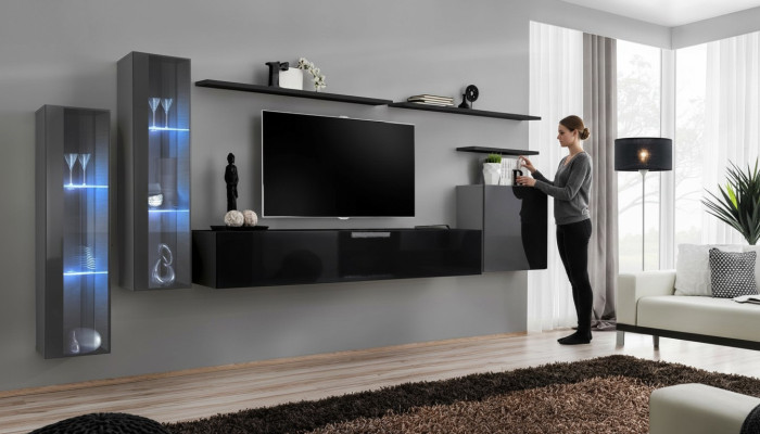 Designer Schwarz Wohnwand Sideboard Wandschrank TV-Ständer Luxus Garnitur