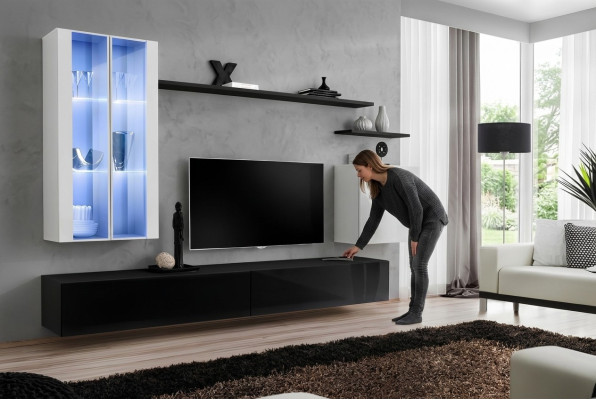 Wohn Zimmer Schwarz TV-Ständer Designer Komplett Set Wandregal Modern Neu Möbel