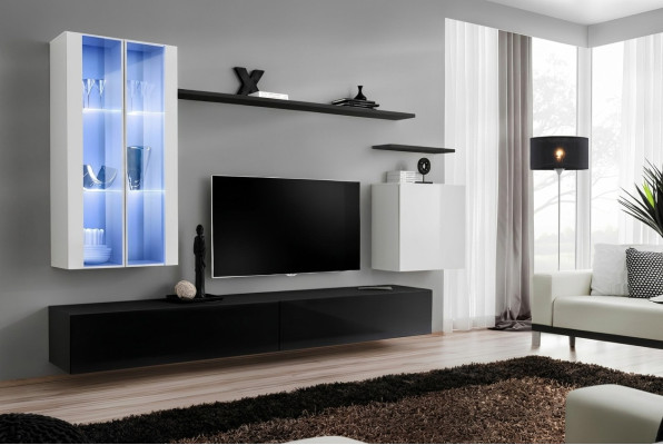 Wohn Zimmer Schwarz TV-Ständer Designer Komplett Set Wandregal Modern Neu Möbel